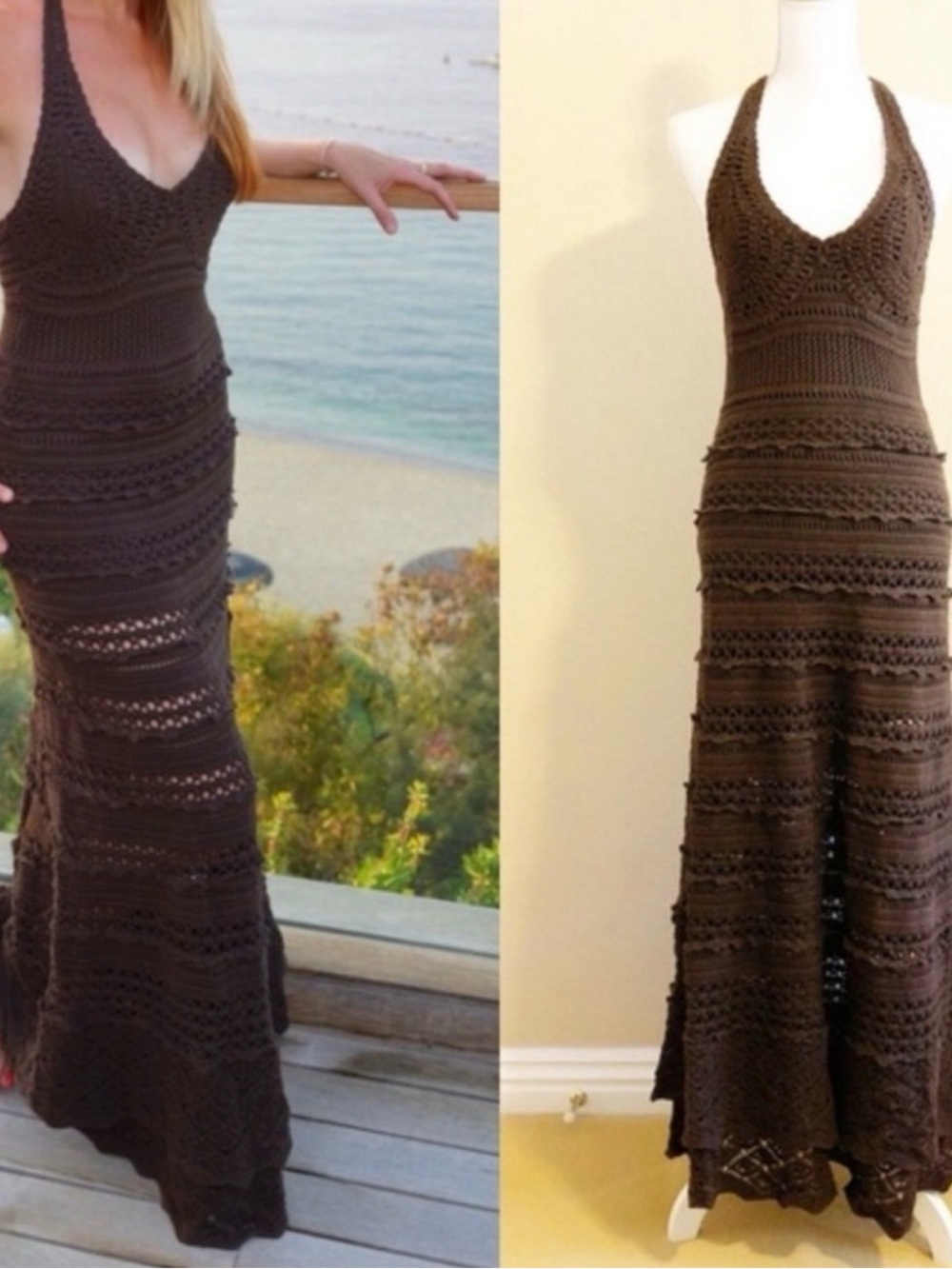 Vintage Moda International by Victoria Secret Brown Crochet Halter Maxi Dress